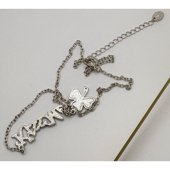 Claires Kiss Me I'm Irish Necklace Silver Tone Green Glitter Shamrock Pendant - Picture 4 of 7